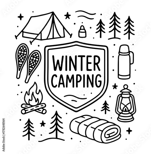 Winter camping essentials with tent, lantern, and campfire in black and white doodles
