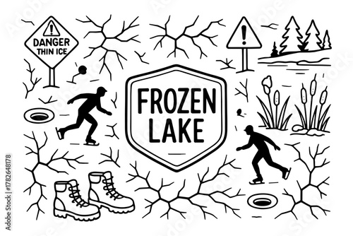 Winter safety symbols and scenes surrounding frozen lake activities