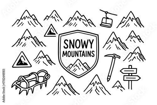 Snowy mountains adventure icons with outdoor equipment and symbols in black and white