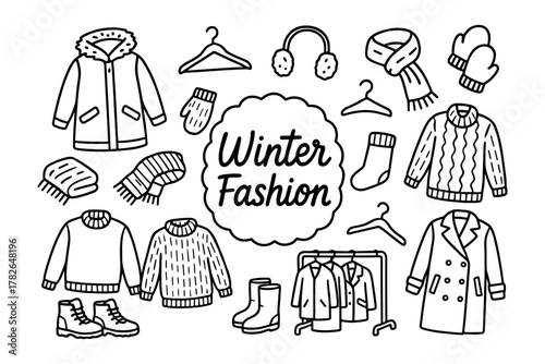 Cozy winter fashion collection in black and white doodle style
