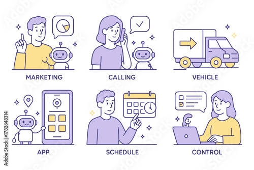 Set of linear cartoons: marketing, calling, vehicle, app, schedule, control with robots