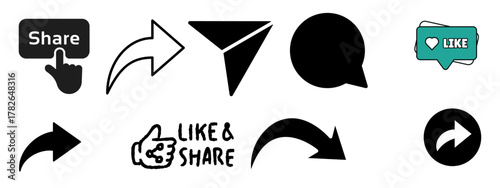 Social media like and share button icons, includes thumbs up, subscribe, notification, heart, comment, influencer, and community engagement elements for digital marketing graphics