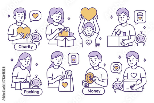 Community volunteer activities: charity, packing, and donation concepts