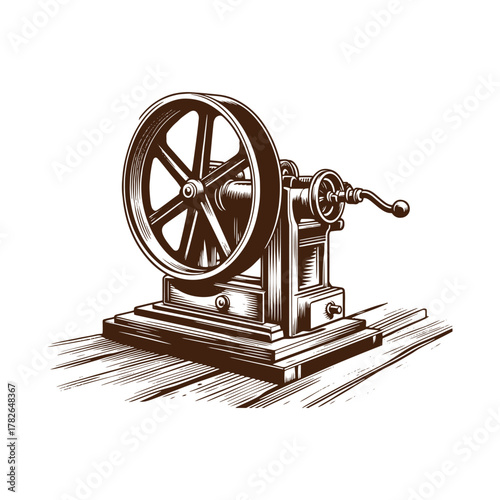 Antique Hand-Crank Machine in Old Western Town – Vintage Illustration