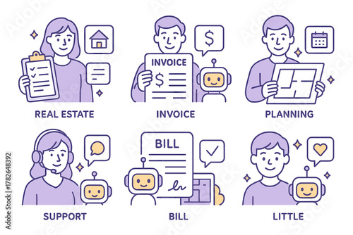 Business and technology concepts with robot assistance in modern flat style