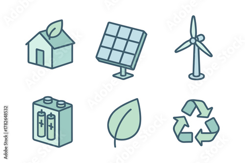 Eco-friendly energy icons: renewable resources and sustainable living symbols