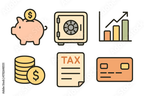 Finance icons: piggy bank, safe, growth chart, coins, tax document, card