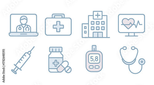 Medical icons set featuring healthcare equipment and technology