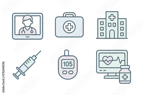 Medical icons set: telemedicine, hospital, syringe, glucometer, heart monitor, medicine