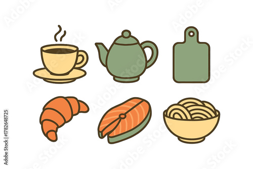 Flat style food and beverage icons: coffee, tea, salmon, pasta, croissant, cutting board
