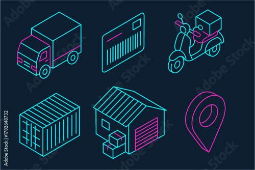 Neon isometric logistics icons set featuring truck, scooter, warehouse, and pin