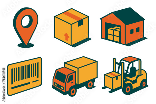 Warehouse and logistics icons in isometric style for delivery and shipping