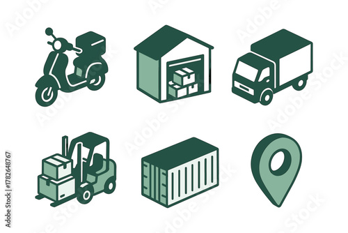 Isometric delivery and logistics icons set featuring scooter, truck, and warehouse elements