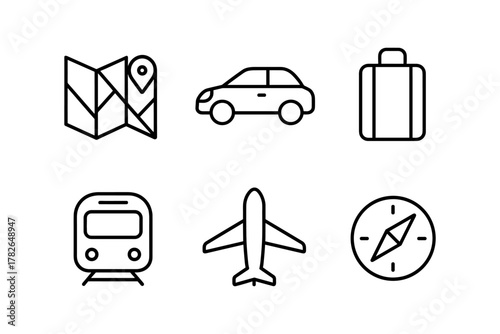 Minimal travel icons: car, luggage, airplane, map, train, compass