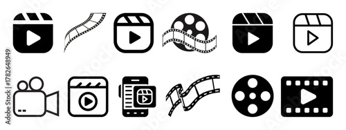 Video player icons, modern film, camera, and play button symbols, creative multimedia elements for web streaming, editing, and video production design projects