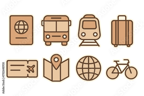Travel icon set featuring linear designs of transportation and travel essentials