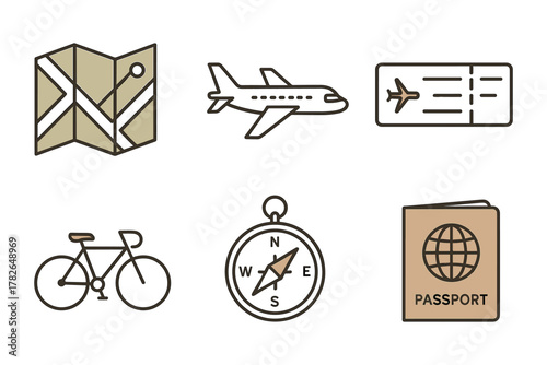 Minimalist travel icons set featuring map, airplane, ticket, bicycle, compass, passport