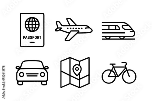 Travel icons featuring transport and map in simple line design