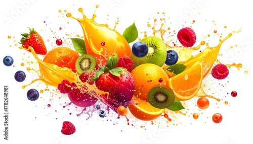 Colorful splash of juice and fruits including oranges, strawberries, kiwis, blueberries, and raspberries