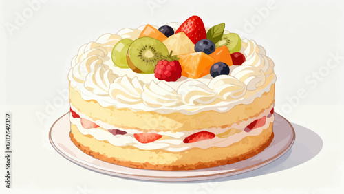 Delicious cream cake, cartoon hand-drawn vector illustrations