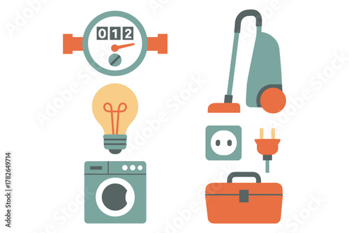 Flat household appliance icons featuring washer, vacuum, and more