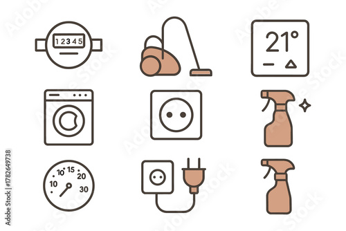 Home appliance symbols: cleaning tools and energy meters in modern linear design