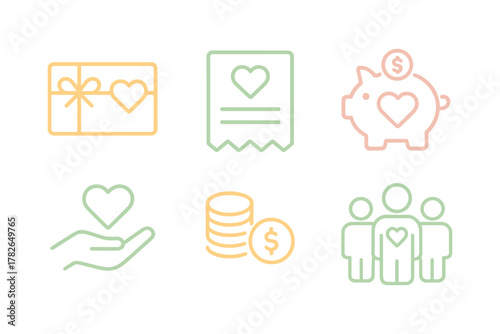 Minimalist charity and donation icons set in pastel colors
