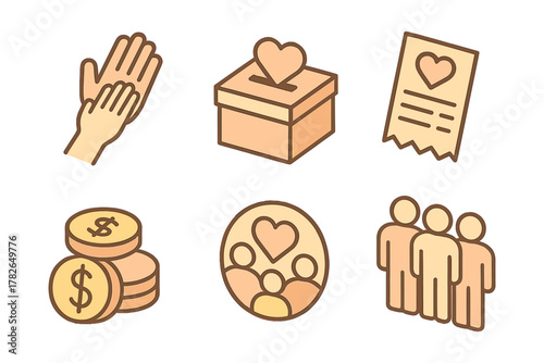 Charity and donation icons set: simple line art for community support and fundraising