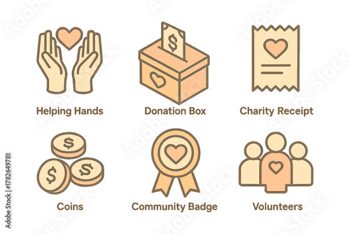 Charity and community support icon set for donations and volunteering