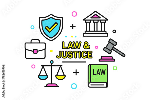 Colorful linear icons representing law and justice concepts