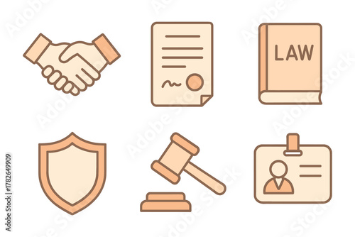 Law icons set: legal document, handshake, gavel, shield, law book, id badge in flat style