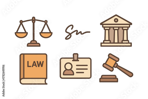 Legal icons set featuring scales, gavel, courthouse, law book, and signature in flat style