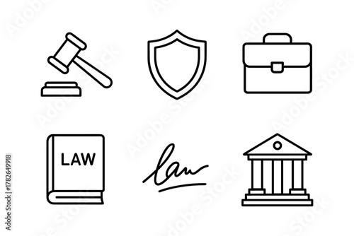 Legal and justice icons: gavel, shield, briefcase, law book, signature, courthouse