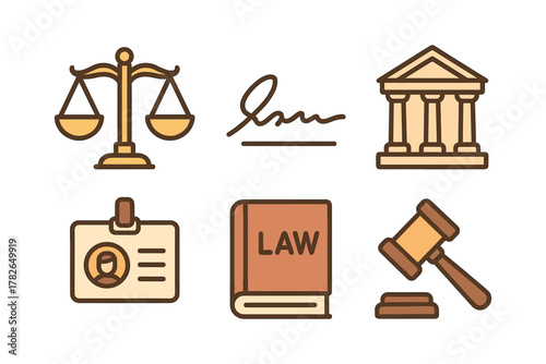 Legal icons set: scales, signature, courthouse, id, law book, gavel in minimalist design