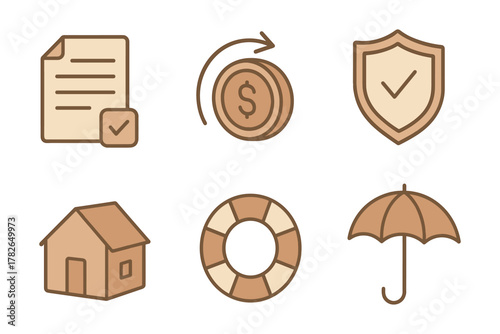 Line icons: document, money, security, house, lifebuoy, umbrella