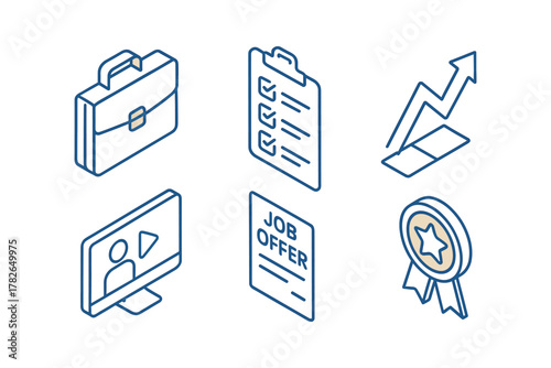 Isometric business icons: briefcase, checklist, growth, video conference, job offer, award ribbon