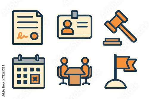 Business and legal icons collection: certification, identity, meeting, decision making