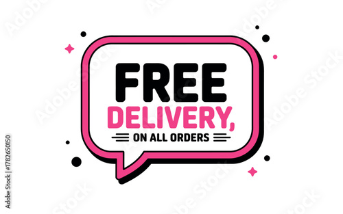 A speech bubble graphic announces "FREE DELIVERY, ON ALL ORDERS" with decorative elements.