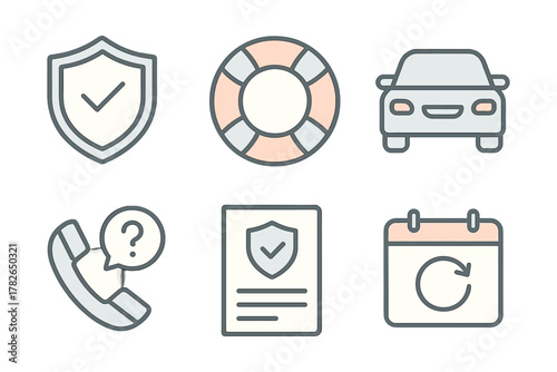Linear icon set of insurance concepts: car, safety, support, documentation, renewal