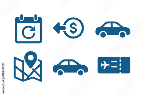 Blue transportation and travel icons set with calendar and money symbols