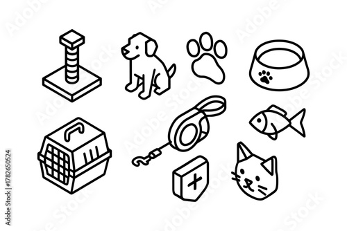 Isometric pet supplies and animal icons featuring cats and dogs in linear style