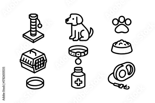 Essential pet care icons: dog and cat accessories in simple outline style