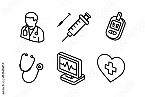 Medical icons set: doctor, syringe, glucometer, stethoscope, heart, monitor