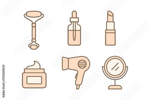 Essential beauty icons set in flat style featuring skincare tools
