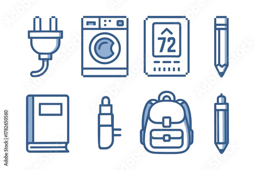 Essential everyday items: plug, washing machine, thermostat, pencil, notebook, adapter, backpack, pen icons