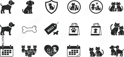 Pet icons collection, dog and cat silhouette vector art, animal care symbols, veterinary design, pet shop graphics, companion animal illustration