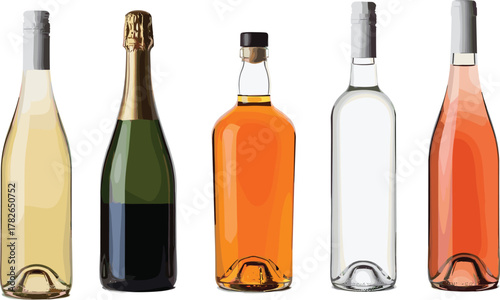 Assorted wine and liquor bottles illustration isolated on white background, perfect for bar menu designs, beverage branding, product advertising, restaurant concepts, and packaging
