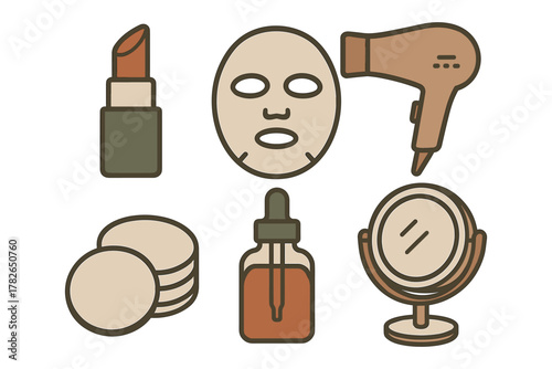 Beauty essentials: flat style icons of skincare and makeup tools for daily routine
