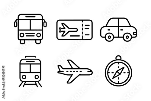Minimalist travel icons: bus, train, ticket, car, airplane, compass