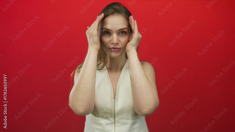 Fototapeta premium Woman scrunches eyebrows and covers face with both hands in studio against vibrant red wall; frustration fatigue.